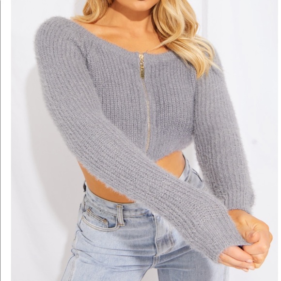 Grey eyelash knit zip through crop top - Picture 1 of 3